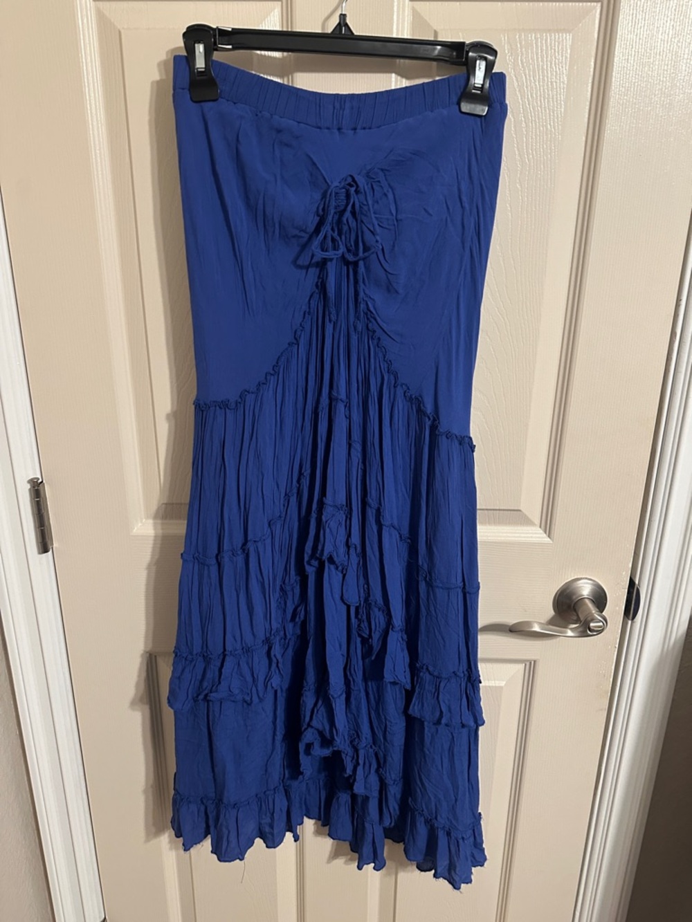 Solitaire Strapless Asymmetrical Ruffled Midi Dress, Royal Blue, Sz Small